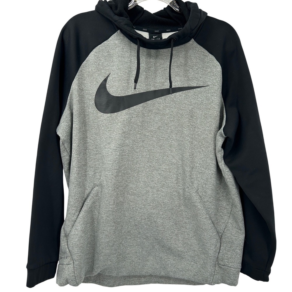 Nike Dri-FIT Hoodie Mens XL Grey Black Colorblock Swoosh Pullover Sweatshirt - Picture 2 of 6